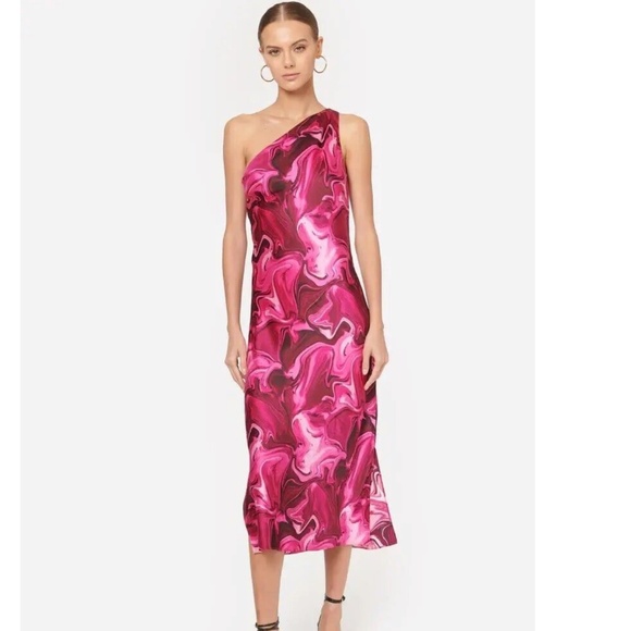 Cami NYC - Silk Agnes One Shoulder Midi Dress in Hyper Pink Swirl | XL - Picture 1 of 7